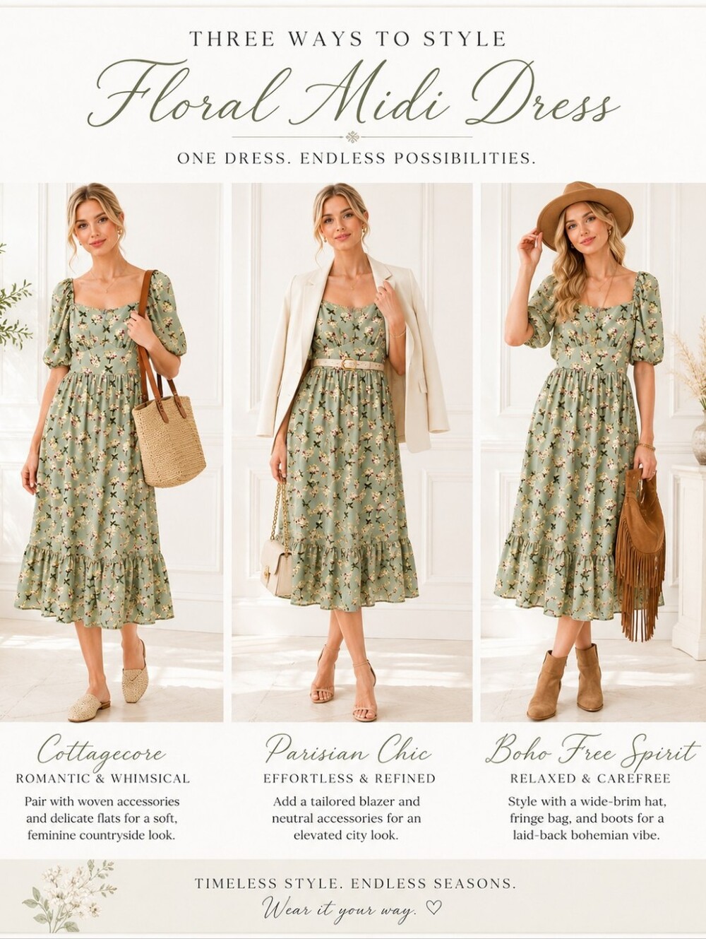 Floral Puff Sleeve Midi Dress Size Large | Cottagecore Romantic Sage Green | Aut - Picture 3 of 9